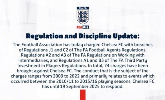英足总官方：对切尔西提起74项财务指控 需9月19日前作出回应
